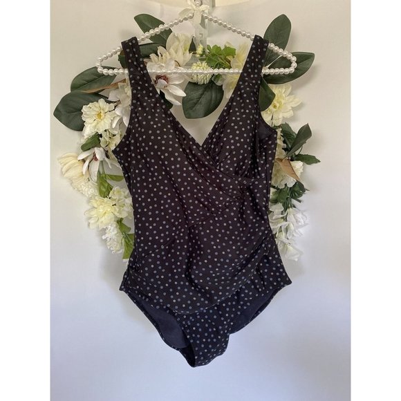 Snozu Vtg Black Polka Dot Stretch Nylon Slimming Ruched One Piece Swimsuit Sz 10 - Picture 7 of 12